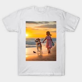 girl playing with a dog on the beach. T-Shirt